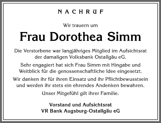 Traueranzeige von Dorothea Simm von Allgäuer Zeitung, Kaufbeuren/Buchloe