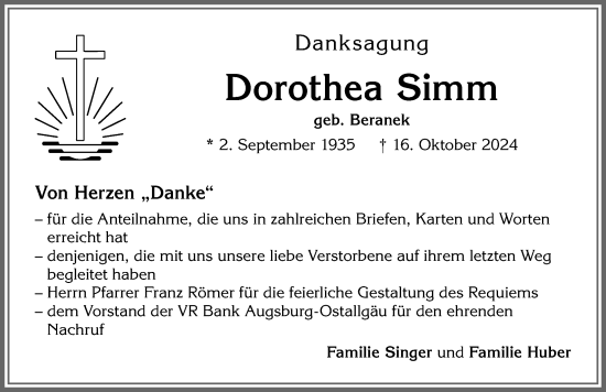 Traueranzeige von Dorothea Simm von Allgäuer Zeitung, Kaufbeuren/Buchloe