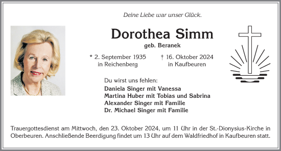 Traueranzeige von Dorothea Simm von Allgäuer Zeitung, Kaufbeuren/Buchloe