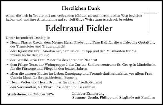 Traueranzeige von Edeltraud Fickler von Memminger Zeitung