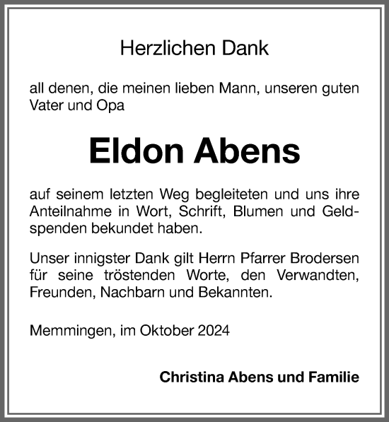 Traueranzeige von Eldon Abens von Memminger Zeitung