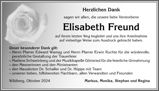 Traueranzeige von Elisabeth Freund von Allgäuer Zeitung, Marktoberdorf