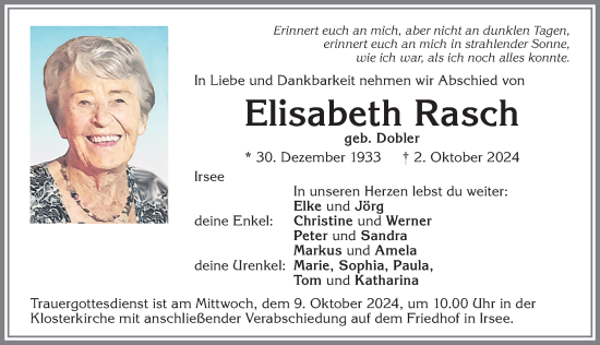 Traueranzeige von Elisabeth Rasch von Allgäuer Zeitung, Kaufbeuren/Buchloe