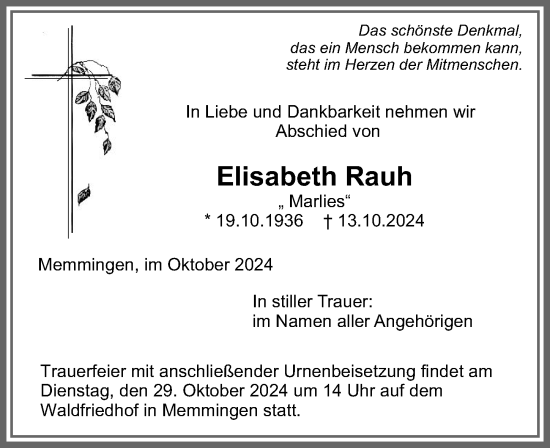 Traueranzeige von Elisabeth Rauh von Memminger Zeitung