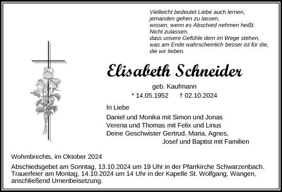Traueranzeige von Elisabeth Schneider von Der Westallgäuer