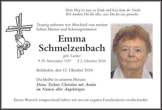 Traueranzeige von Emma Schmelzenbach von Der Westallgäuer