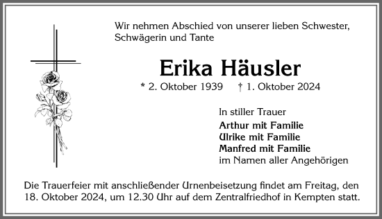 Traueranzeige von Erika Häusler von Allgäuer Zeitung, Gesamtausgabe