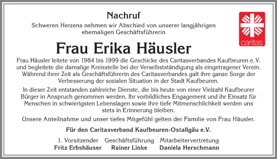Traueranzeige von Erika Häusler von Allgäuer Zeitung, Kaufbeuren/Buchloe