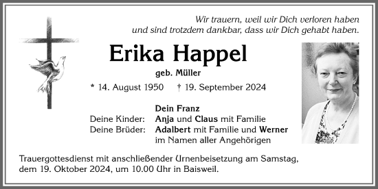 Traueranzeige von Erika Happel von Allgäuer Zeitung, Kaufbeuren/Buchloe