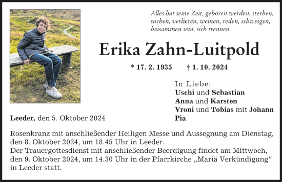 Traueranzeige von Erika Zahn-Luitpold von Augsburger Allgemeine, Landsberger Tagblatt