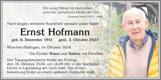 Traueranzeige von Ernst Hofmann von Allgäuer Zeitung, Kaufbeuren/Buchloe