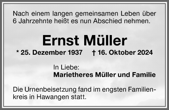 Traueranzeige von Ernst Müller von Memminger Zeitung
