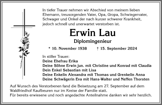 Traueranzeige von Erwin Lau von Allgäuer Zeitung, Kaufbeuren/Buchloe