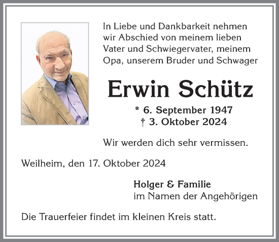 Traueranzeige von Erwin Schütz von Der Westallgäuer