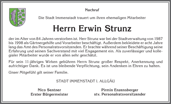 Traueranzeige von Erwin Strunz von Allgäuer Anzeigeblatt