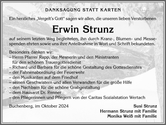 Traueranzeige von Erwin Strunz von Allgäuer Anzeigeblatt