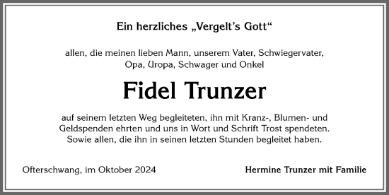 Traueranzeige von Fidel Trunzer von Allgäuer Anzeigeblatt