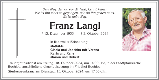 Traueranzeige von Franz Langl von Allgäuer Zeitung, Kaufbeuren/Buchloe