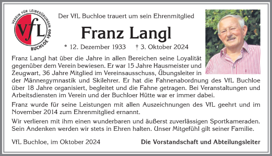 Traueranzeige von Franz Langl von Allgäuer Zeitung, Kaufbeuren/Buchloe