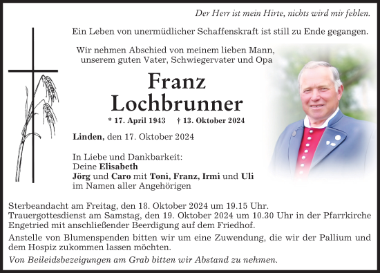 Traueranzeige von Franz Lochbrunner von Memminger Zeitung