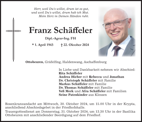 Traueranzeige von Franz Schäffeler von Memminger Zeitung