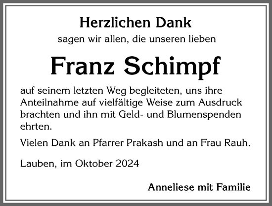 Traueranzeige von Franz Schimpf von Allgäuer Zeitung,Kempten