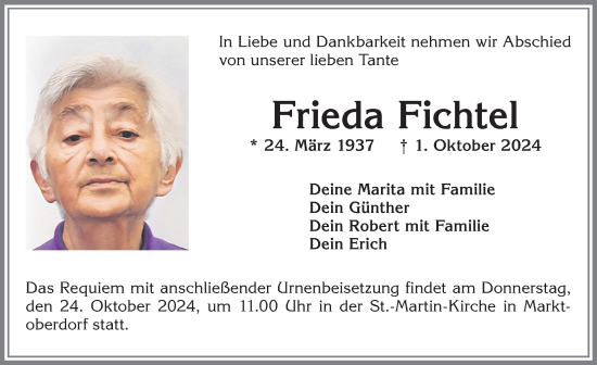 Traueranzeige von Frieda Fichtel von Allgäuer Zeitung, Marktoberdorf