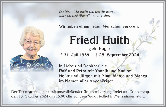 Traueranzeige von Friedl Huith von Memminger Zeitung