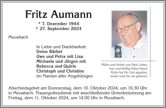 Traueranzeige von Fritz Aumann von Allgäuer Zeitung,Kempten