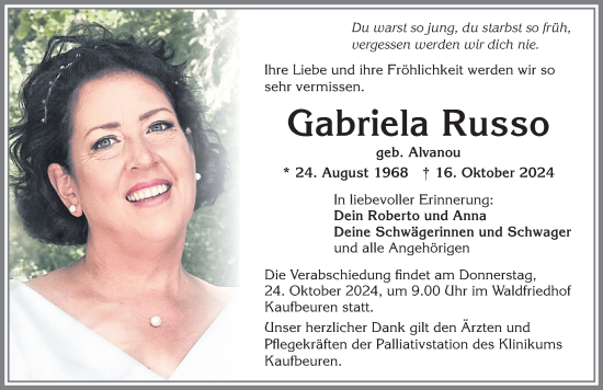 Traueranzeige von Gabriela Russo von Allgäuer Zeitung, Kaufbeuren/Buchloe