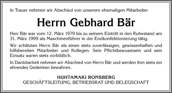 Traueranzeige von Gebhard Bär von Allgäuer Zeitung, Marktoberdorf