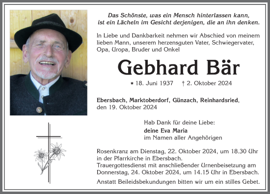 Traueranzeige von Gebhard Bär von Allgäuer Zeitung, Marktoberdorf