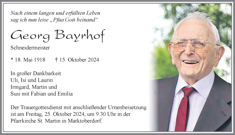  Traueranzeige für Georg Bayrhof vom 19.10.2024 aus Allgäuer Zeitung, Füssen