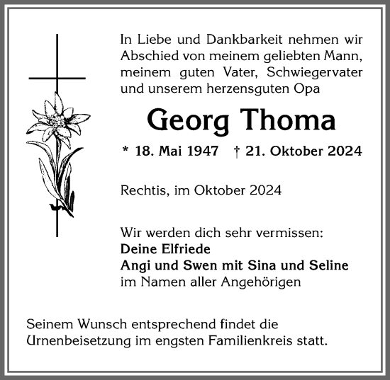 Traueranzeige von Georg Thoma von Allgäuer Zeitung,Kempten