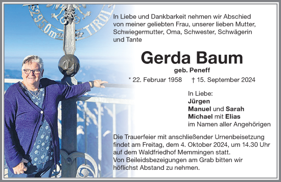 Traueranzeige von Gerda Baum von Memminger Zeitung