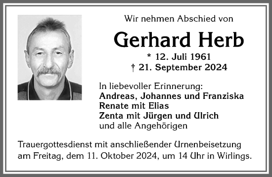 Traueranzeige von Gerhard Herb von Allgäuer Zeitung,Kempten