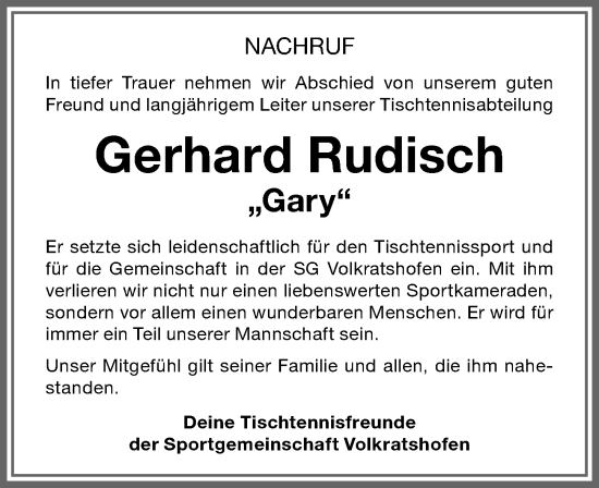 Traueranzeige von Gerhard Rudisch von Memminger Zeitung