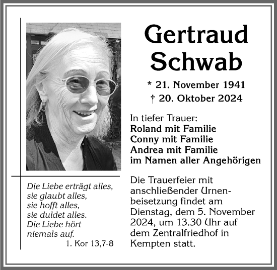 Traueranzeige von Gertraud Schwab von Allgäuer Zeitung,Kempten