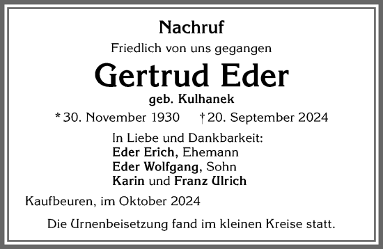 Traueranzeige von Gertrud Eder von Allgäuer Zeitung, Kaufbeuren/Buchloe