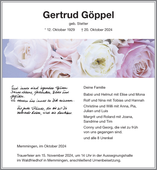 Traueranzeige von Gertrud Göppel von Memminger Zeitung