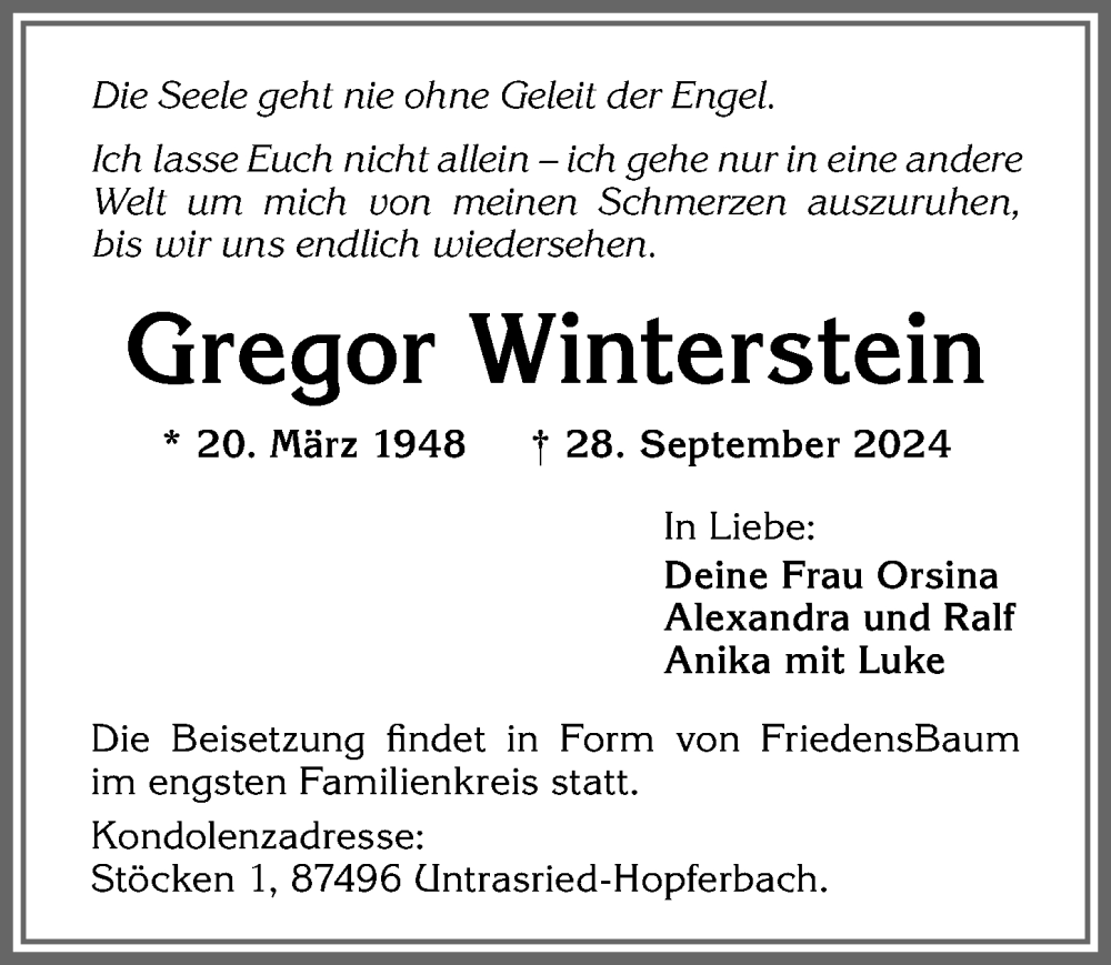  Traueranzeige für Gregor Winterstein vom 02.10.2024 aus Allgäuer Zeitung, Gesamtausgabe