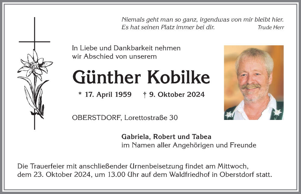  Traueranzeige für Günther Kobilke vom 19.10.2024 aus Allgäuer Anzeigeblatt