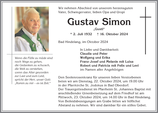 Traueranzeige von Gustav Simon von Allgäuer Anzeigeblatt