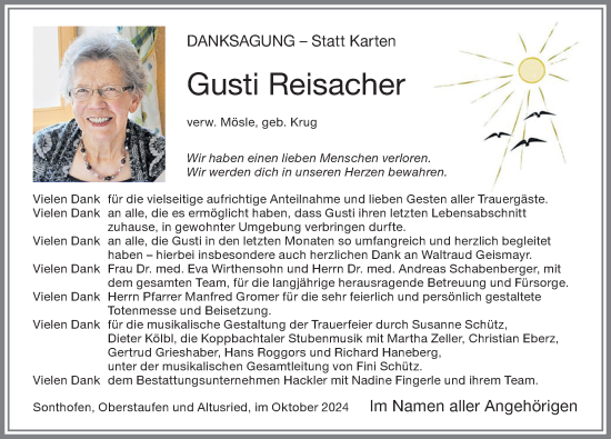 Traueranzeige von Gusti Reisacher von Allgäuer Zeitung,Kempten