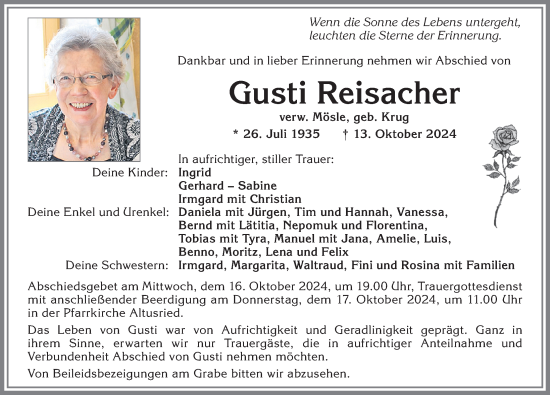 Traueranzeige von Gusti Reisacher von Allgäuer Zeitung,Kempten