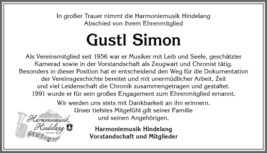 Traueranzeige von Gustl Simon von Allgäuer Anzeigeblatt