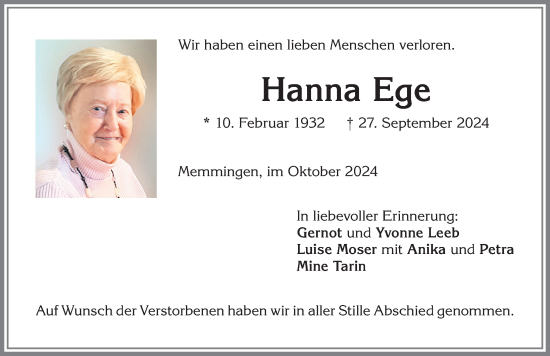 Traueranzeige von Hanna Ege von Memminger Zeitung