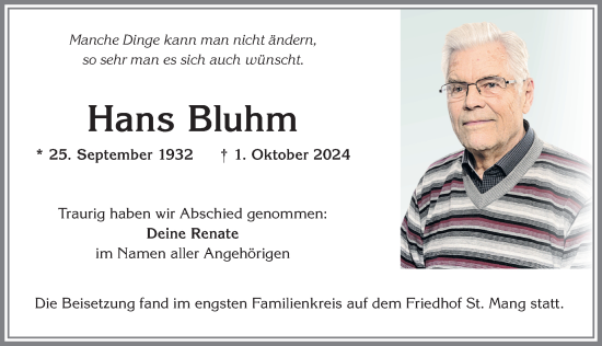 Traueranzeige von Hans Bluhm von Allgäuer Zeitung,Kempten