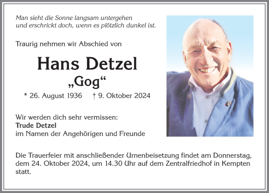 Traueranzeige von Hans Detzel von Allgäuer Zeitung,Kempten