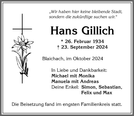 Traueranzeige von Hans Gillich von Allgäuer Anzeigeblatt